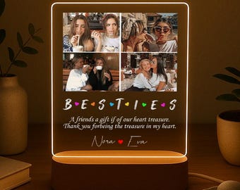 Best Friends Acrylic Night Light | Custom Photo Collage LED Lamp with Wooden Base | Personalized Gift for BFF, Friendship, Birthday