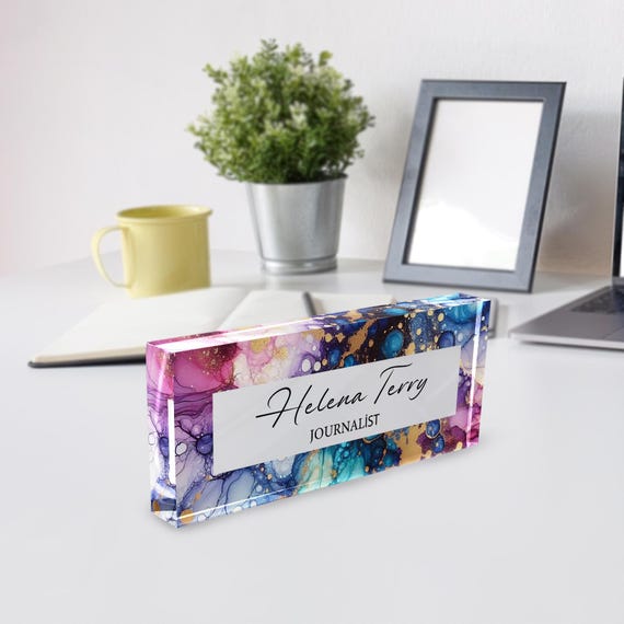 Personalized Name Plate for Desk, Flowers Wild Design On Clear Acrylic Glass, Custom Office Decor Nameplate Sign, Personalized Gift