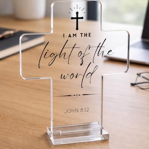 Decorazione cristiana a forma di croce in acrilico, croce con versetto biblico, regalo con versetto Giovanni 8:12, decorazione religiosa per la scrivania, regalo cristiano, decorazione per la casa a tema religioso