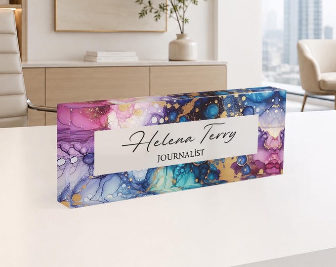 Personalized Name Plate for Desk, Flowers Wild Design On Clear Acrylic Glass, Custom Office Decor Nameplate Sign, Personalized Gift