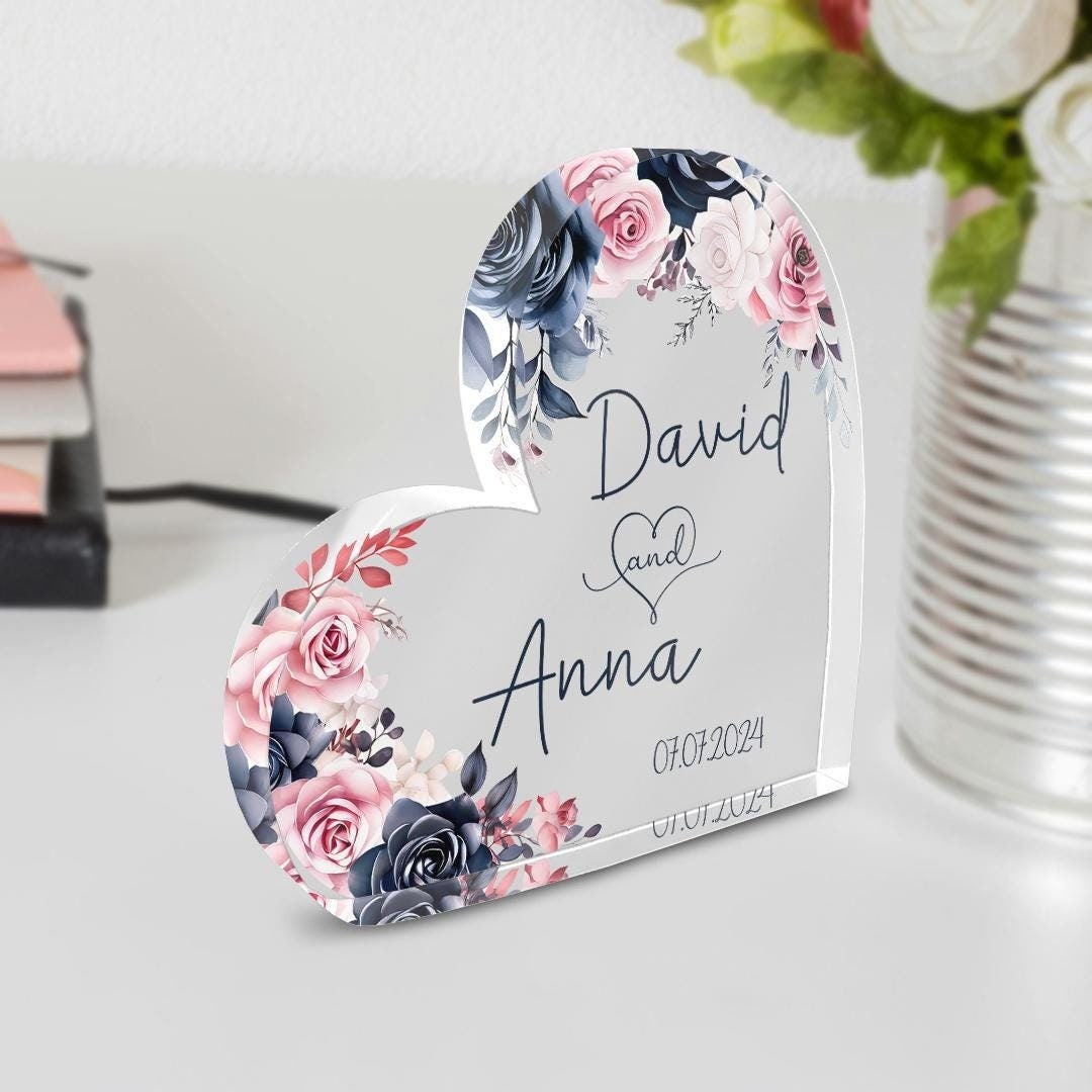 Plaque coeur de mariage personnalisée : souvenir floral d'anniversaire