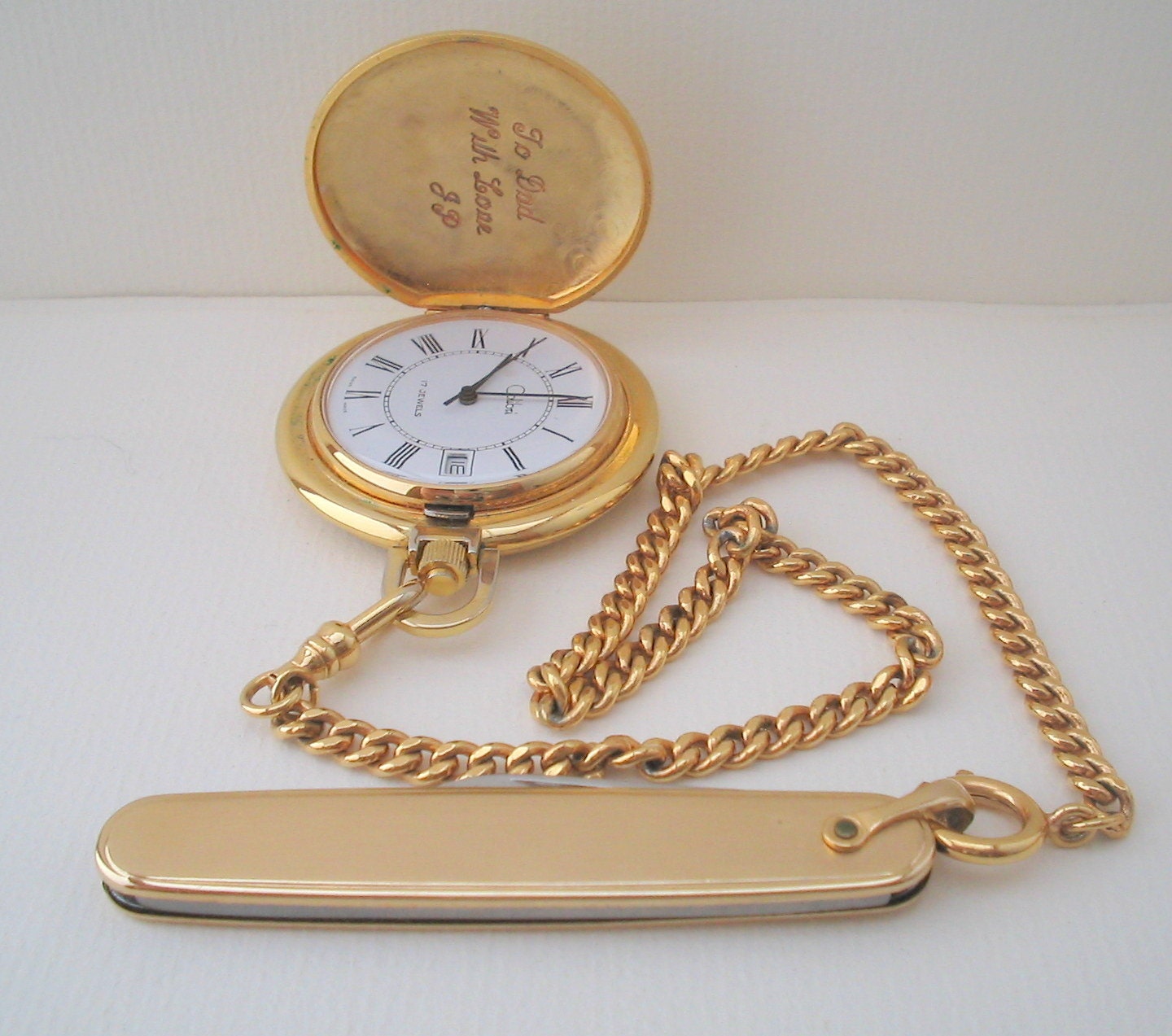 COLIBRI Gold Tone Pocket Watch & Knife Set Etsy
