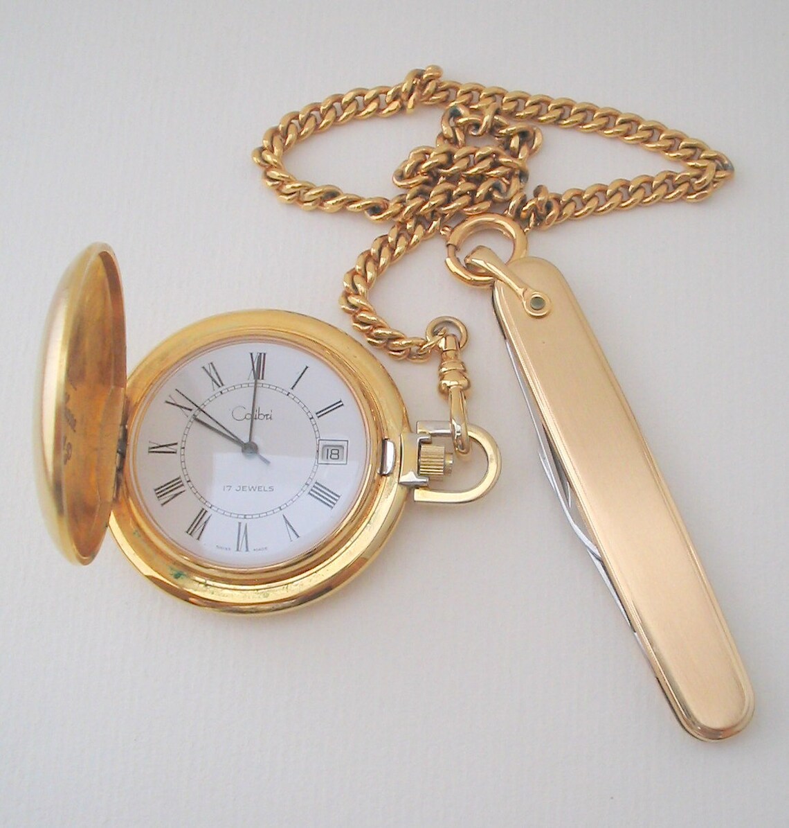 COLIBRI Gold Tone Pocket Watch & Knife Set Etsy