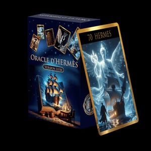 Peut inclure: Un jeu de cartes de tarot Oracle d'Hermès bleu marine avec des accents dorés. La boîte et les cartes présentent des illustrations de navires, d'anges et de scènes célestes. La carte au premier plan est intitulée "70 Hermes".