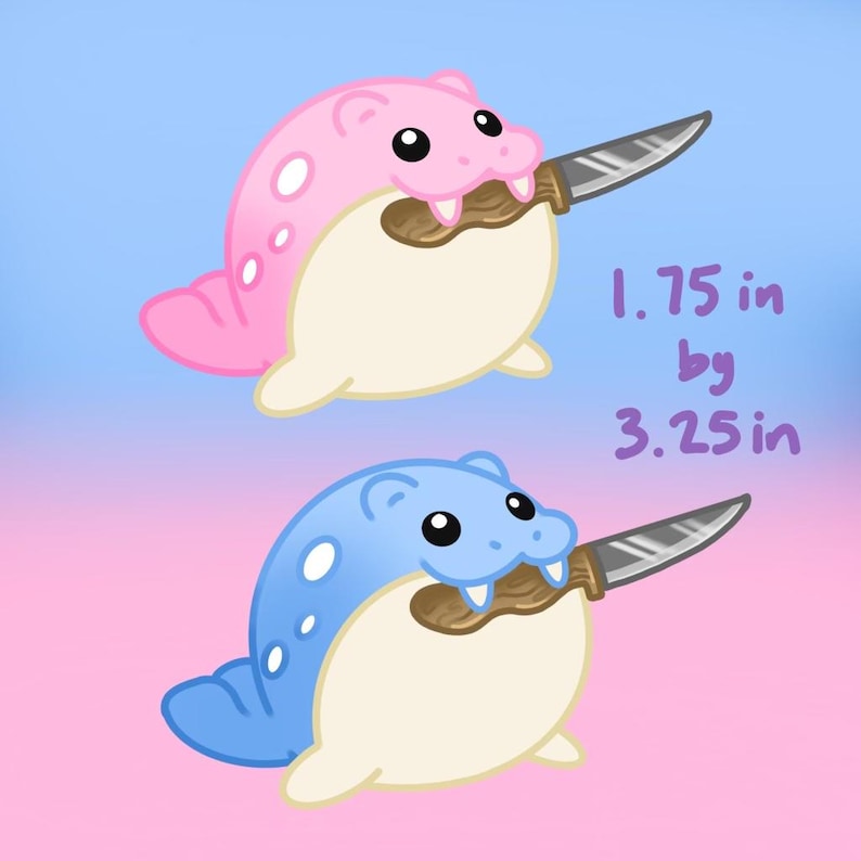 Puede incluir: Dos criaturas de foca de dibujos animados, una rosa y otra azul, cada una sosteniendo un cuchillo en la boca. La foca rosa mide 4,4 cm por 8,3 cm. La foca azul es del mismo tama&ntilde;o. El fondo es un degradado de rosa y azul.