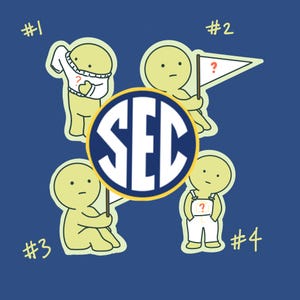 May include: A navy blue graphic featuring four cartoon figures surrounding a circular SEC logo. Each figure has a question mark on their clothing or flag. The figures are numbered 1 through 4.
