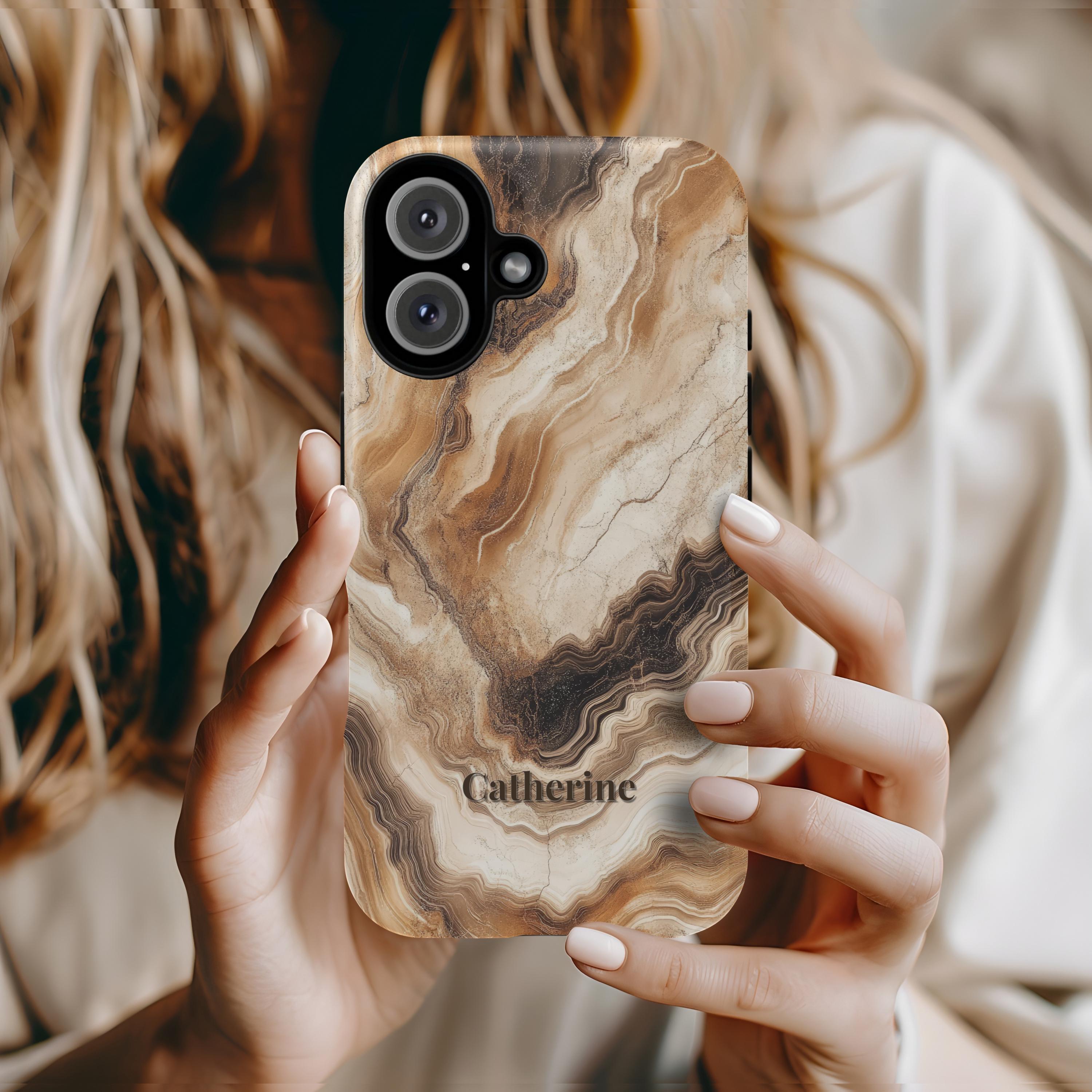Personalized Marble Phone Case iPhone 16 15 Samsung S25 S24 Custom Name Beige Brown Stone Pattern Google Pixel Protective Cover Gift For Her