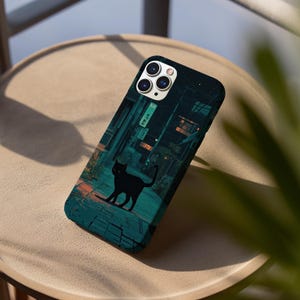 Middernacht Japanse steeg zwarte kat telefoonhoesje anime stedelijk cyberpunk ontwerp stevige bescherming iPhone Samsung pixel hoes kawaii kattenliefhebber cadeau