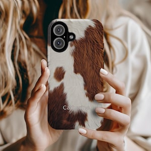 Personalized Cowhide Phone Case Brown White Animal Print iPhone 16 15 14 Samsung S25 Google Pixel Protective Cover Western Farm Style Gift