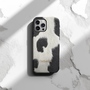 Personalized Cowhide Phone Case Black White Animal Print iPhone 16 15 14 Samsung S25 Google Pixel Protective Cover Western Farm Style Gift