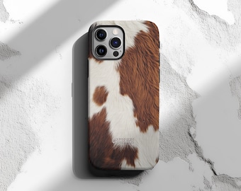 Personalized Cowhide Phone Case Brown White Animal Print iPhone 16 15 14 Samsung S25 Google Pixel Protective Cover Western Farm Style Gift