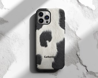 Personalized Cowhide Phone Case Black White Animal Print iPhone 16 15 14 Samsung S25 Google Pixel Protective Cover Western Farm Style Gift