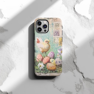 Custodia per telefono vintage con pulcino di Pasqua, design floreale primaverile retrò con uova colorate, custodia protettiva per iPhone Samsung Pixel, regalo shabby chic per donna
