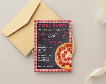Szablon zaproszenia na przyjęcie urodzinowe, zaproszenie na przyjęcie z pizzą, dostosowywalne, edytowalne, pobieranie cyfrowe, do druku