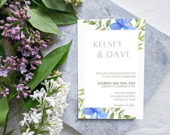 Zestaw szablonów zaproszeń ślubnych, do druku, edytowalne, RSVP, szczegóły, natychmiastowe pobranie Canva - Blue Flower