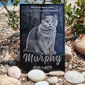 Cat headstone with engraved portrait, Custom cat grave marker, Granite pet tombstone, Animal grave marker