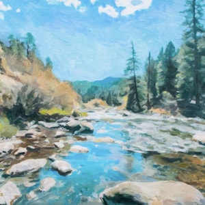 Summer Memories Oil Painting, Teal Green Rocky Mountain Landscape, Paper Print, HORIZONTAL Wall Art