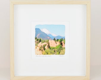 Garden of the Gods Watercolor Landscape Painting, Colorado Springs, Archival Framed Print on Paper, 10x10 Square Wall Art