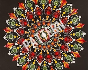 Może przedstawiać: Kolorowe mandala pomalowane kropkami w odcieniach czerwieni, pomarańczy, żółci, zieleni i bieli. Mandala jest okrągła i ma symetryczny wzór.