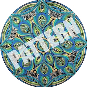 May include: A round, hand-painted mandala in shades of blue, teal, green, and gold. The intricate design features a central circular pattern surrounded by stylized peacock feather shapes, embellished with small dots and gemstones. The background is black.