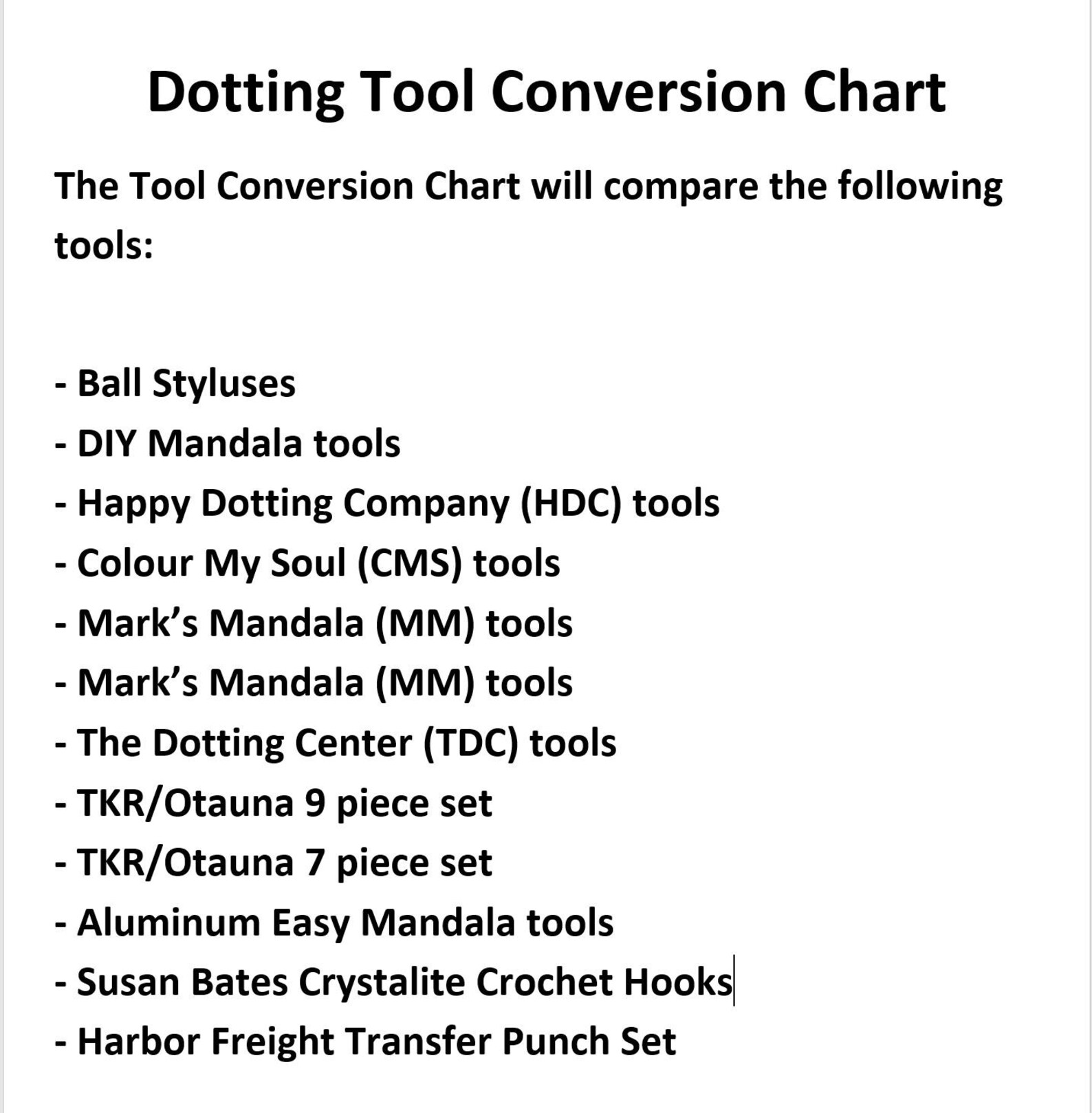 Dotting Tool Conversion Chart Tool Comparison Dotting Tool Etsy