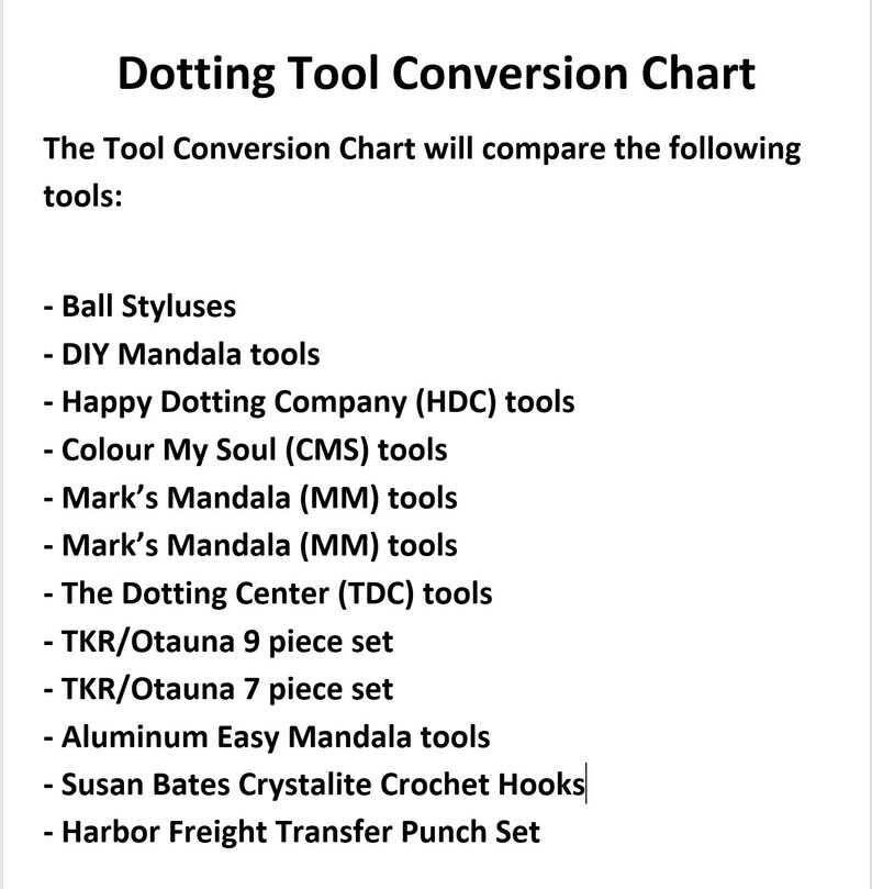 Dotting Tool Conversion Chart Tool Comparison Dotting Tool Etsy