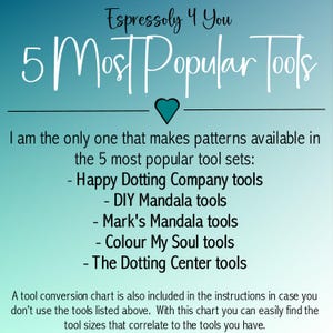 Może przedstawiać: Grafika w kolorze turkusowym z tekstem "Espressoly 4 You" i "5 Most Popular Tools". Grafika zawiera listę 5 najpopularniejszych zestaw&oacute;w narzędzi do kropkowania: Happy Dotting Company, DIY Mandala, Mark's Mandala, Colour My Soul i The Dotting Center.