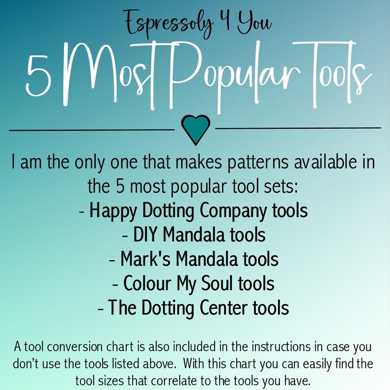 Może przedstawiać: Grafika w kolorze turkusowym z tekstem "Espressoly 4 You" i "5 Most Popular Tools". Grafika zawiera listę 5 najpopularniejszych zestaw&oacute;w narzędzi do kropkowania: Happy Dotting Company, DIY Mandala, Mark's Mandala, Colour My Soul i The Dotting Center.