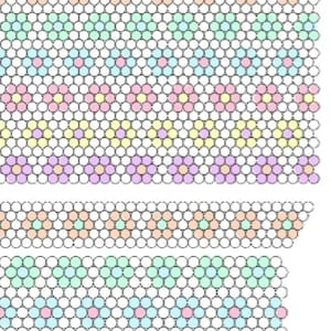 Könnte beinhalten: Nahaufnahme eines gemusterten Designs mit Reihen kleiner, weißer Kreise. Die Kreise sind so angeordnet, dass florale und geometrische Muster in Pastellfarben wie Rosa, Gelb und Blau entstehen. Das Design befindet sich auf weißem Hintergrund.