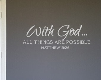 May include: A white wall with a gray door and a white door with a quote that reads "With God... All things are possible Matthew 19:26".