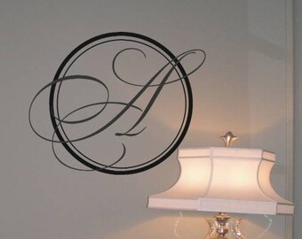 Elegant Script Monogram Wall Decal, Initial Wall Decal with Circle, Monogram with Circle