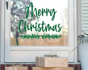 Cursive Merry Christmas Decal / Christmas Door Decal with Pine / Holiday Decor / Holiday Sticker / Christmas Party Decor / Happy Holidays