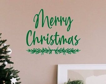 Merry Christmas Decal with Pine Needles / Christmas Door Decal / Holiday Decor / Holiday Sticker / Christmas Party Decor / Happy Holidays