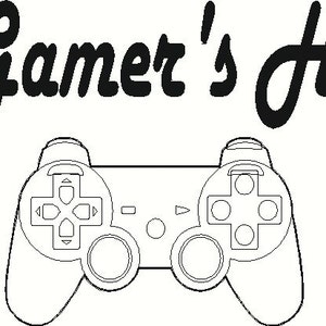 May include: A black and white illustration of a video game controller with the text "A Gamer's Heart" above it.