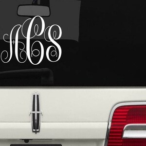 May include: A white monogram decal with the letters "ABS" in a cursive script font. The decal is applied to the rear window of a white SUV.
