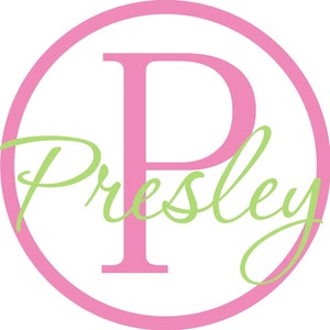 May include: A pink circle with a large pink letter P in the center. The name Presley is written in green cursive script below the letter.
