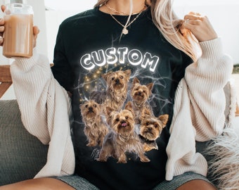 Könnte beinhalten: Schwarzes T-Shirt mit einem Motiv aus mehreren Yorkshire Terriern in einem Blitz-Design. Der Text "CUSTOM" ist über den Hunden gedruckt.