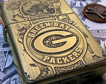Zippo “green Bay Packers” Football Themed Engraved Brass Armor