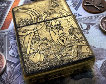 Zippo “scrooge Mcduck” Themed Engraved Brass Armor Cigarette