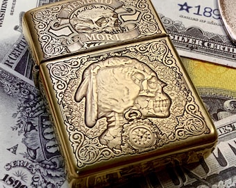 Zippo “memento Mori” Engraved Indian Head Skull Themed Brass Armor