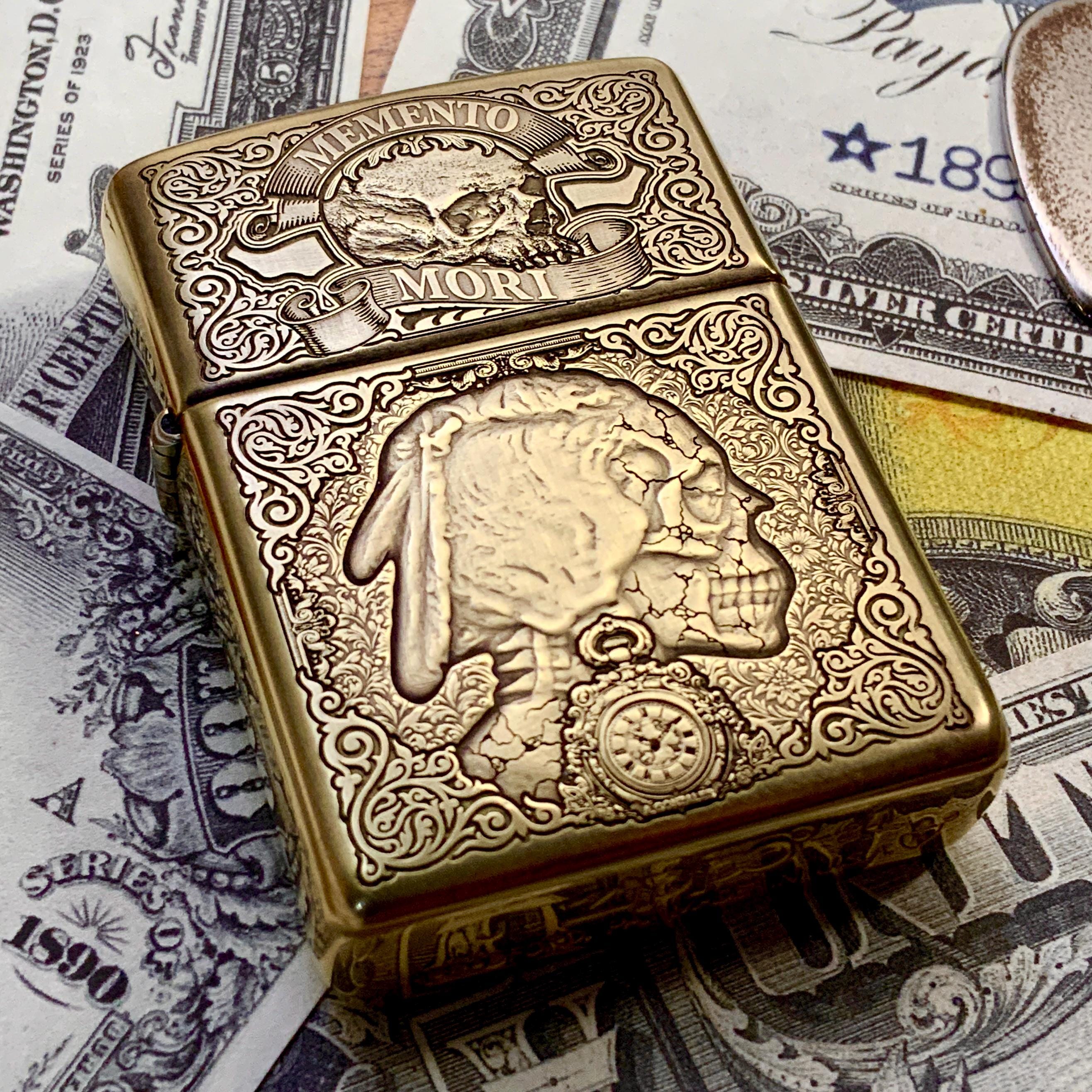 Zippo “memento Mori” Engraved Indian Head Skull Themed Brass Armor