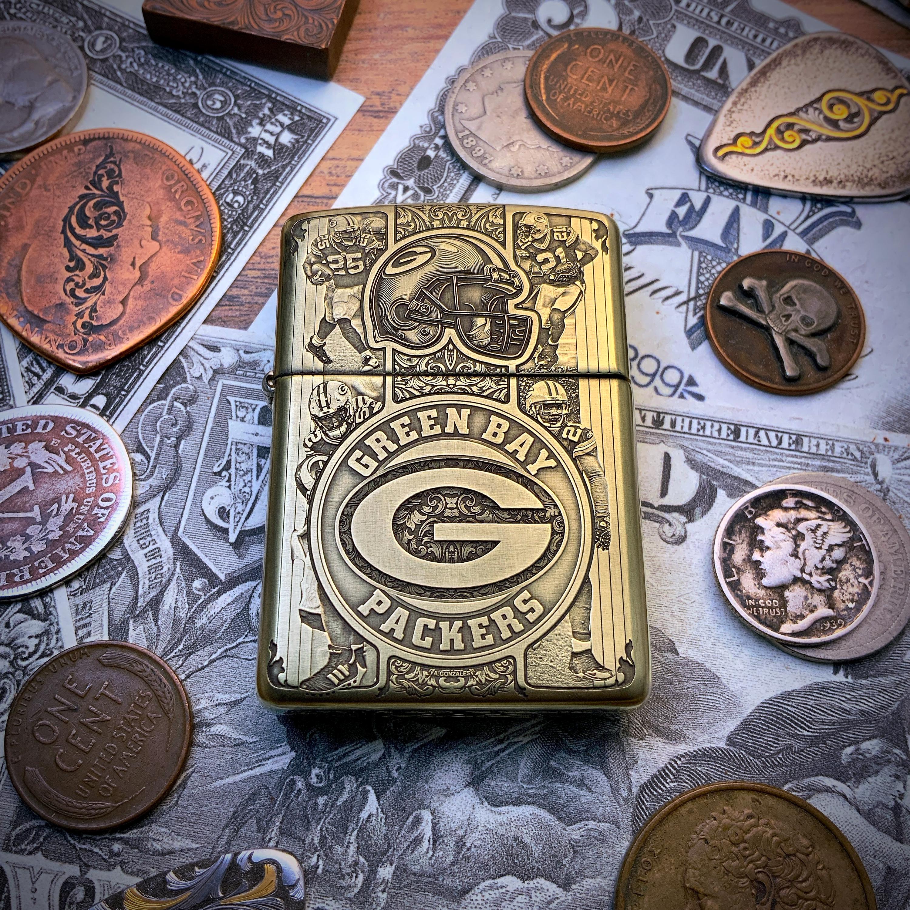 Zippo “green Bay Packers” Football Themed Engraved Brass Armor