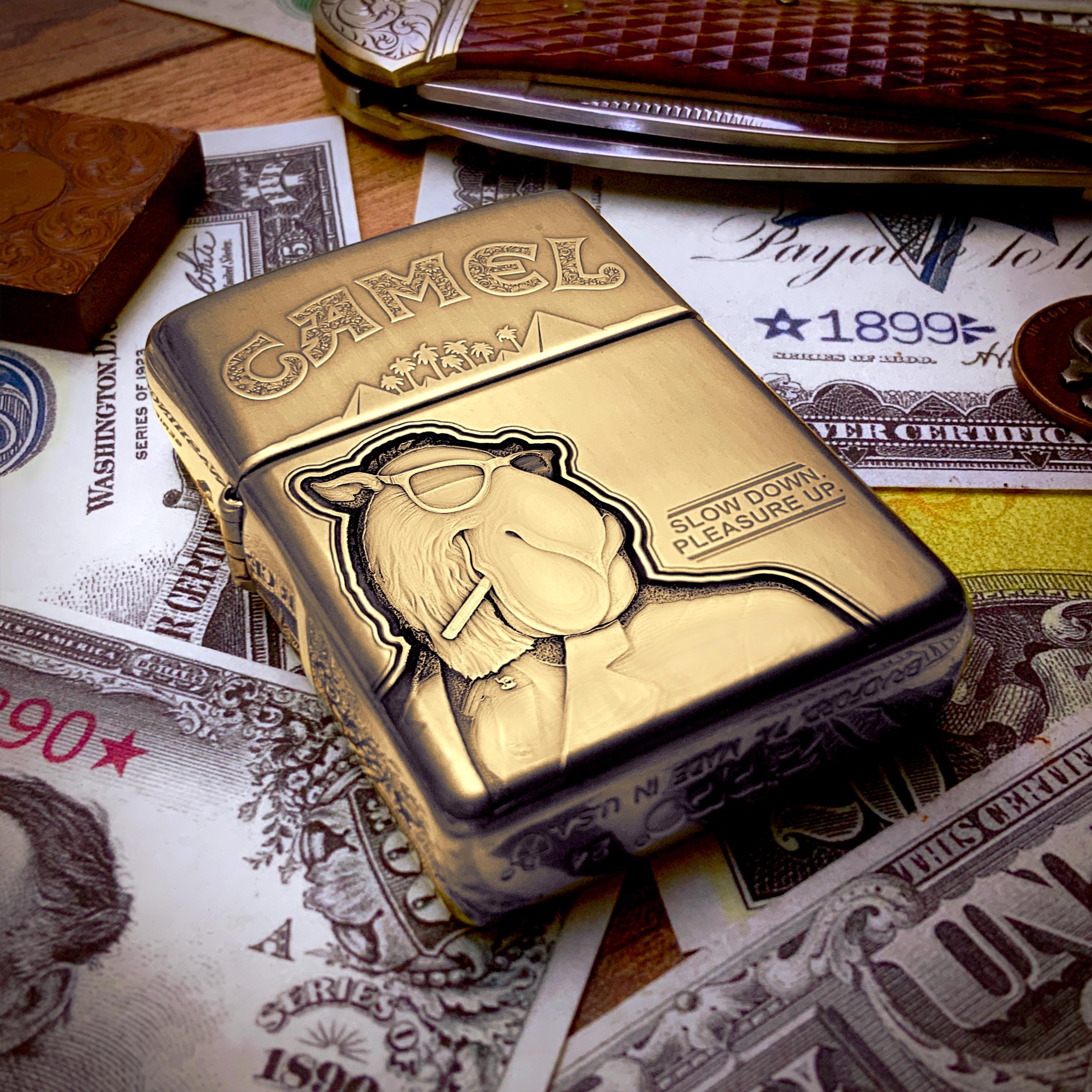Zippo “joe Camel” Themed Engraved Brass Armor Lighter Limited