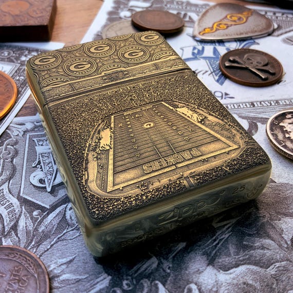 Zippo “green Bay Packers” Football Themed Engraved Brass Armor