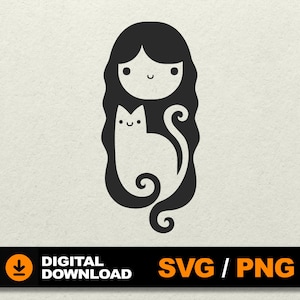 Girl Hugging Cat SVG. Heartwarming Pet Design, Cute Kid and Cat, Girl with Cat Clipart File for cnc laser cut silhouette cricut glowforge