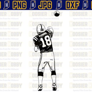 May include: Black and white silhouette of a football player in a throwing position. The player is wearing a jersey with the number 18 and the name "MANNING" on the back.