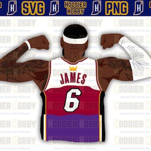 May include: A digital illustration of a basketball player wearing a white, purple, and red jersey with the number 6 and the name "JAMES" on the front. The player is flexing his biceps and has a crown above his name.
