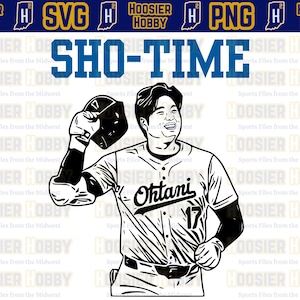 May include: Black and white line art illustration of a baseball player in a baseball uniform with the text "Ohtani" and the number "17" on the front of the jersey. The player is holding a baseball bat and is in a batting stance. The text "SHO-TIME" is above the player.