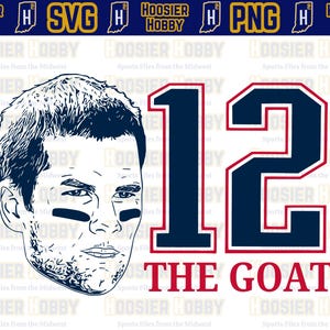 May include: A digital illustration of a football player's face with the number 12 and the text "THE GOAT" in red. The background is white.
