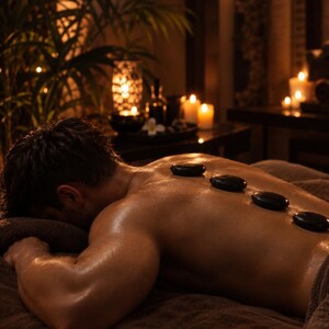 Peut inclure: Une personne allongée sur le ventre sur une table de massage avec quatre pierres noires, lisses et ovales, disposées en ligne verticale au centre du dos. La peau est luisante d'huile de massage et l'ambiance est tamisée par des bougies.